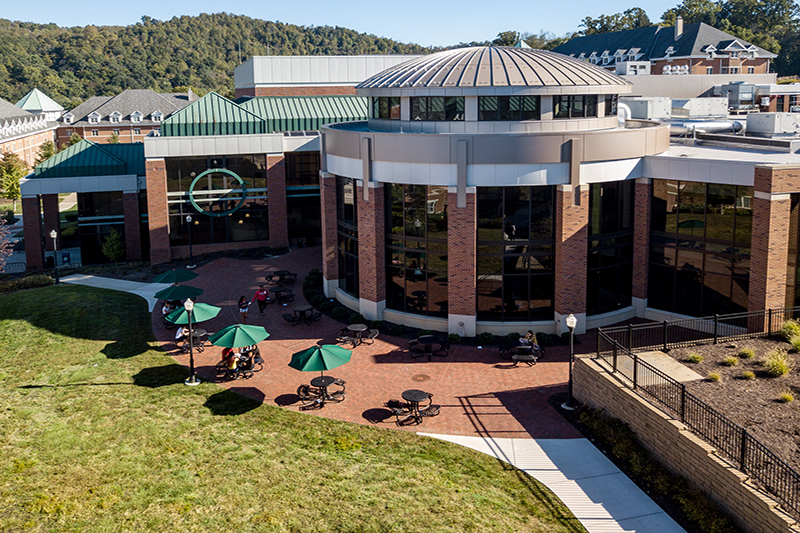 Natali Student Center rotunda and patio from above, California University of Pennsylvania
