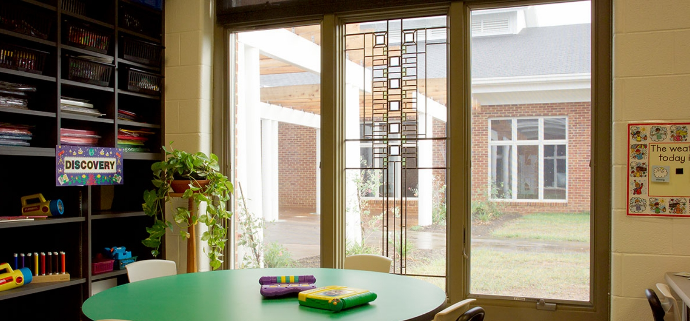 Hidden Valley High School classroom looking into the courtyard