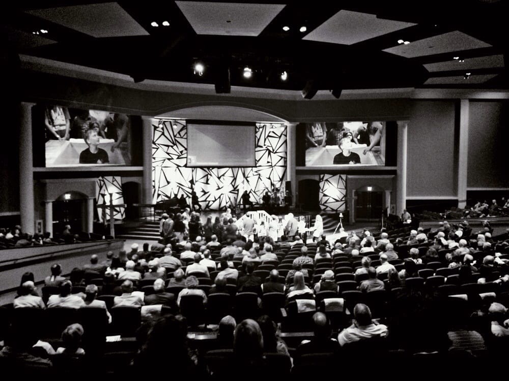 South Hills Bible Chapel sanctuary during a service