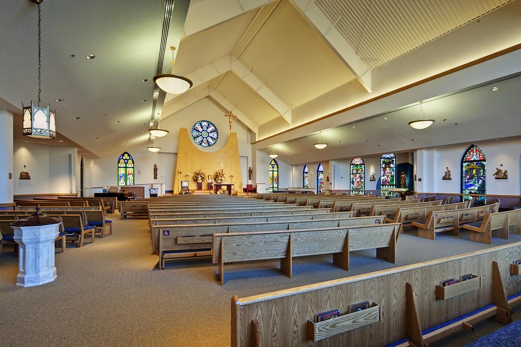 St. Joe's Catholic Church sanctuary with stained glass